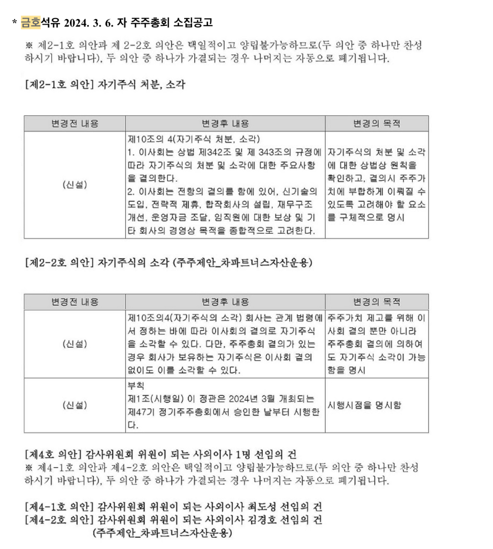 금호석화 VS. 차파트너스, 갈등 격화